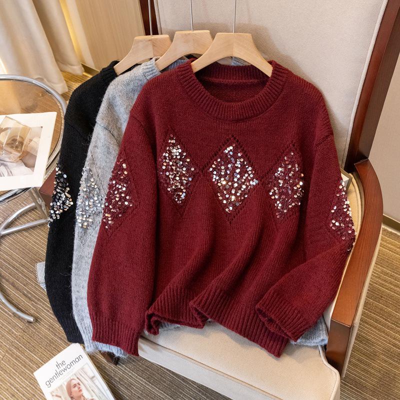 

Unique Plus Size Sequin Knit Top - Stylish, Loose Fit, Slimming, High-End Casual Wear 3XL