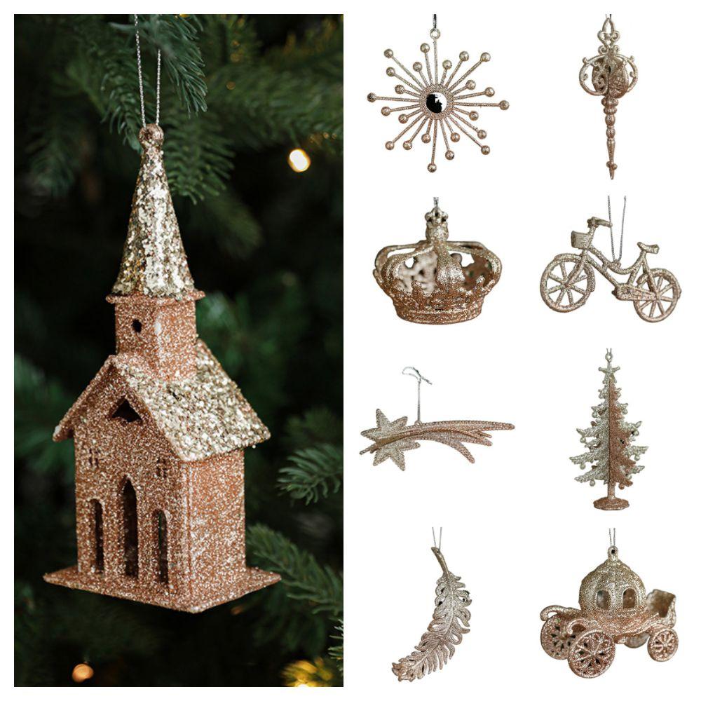 Gold Christmas Hanging Decoration Shimmering House Bike Xmas Ornament Ball Crown Xmas Tree Festival Favors
