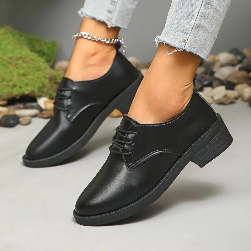 Solid Color Pointed Toe Comfortable Women's Single Shoes Temperament Lace-up Square Heel Spring and Autumn Women's Shoes
