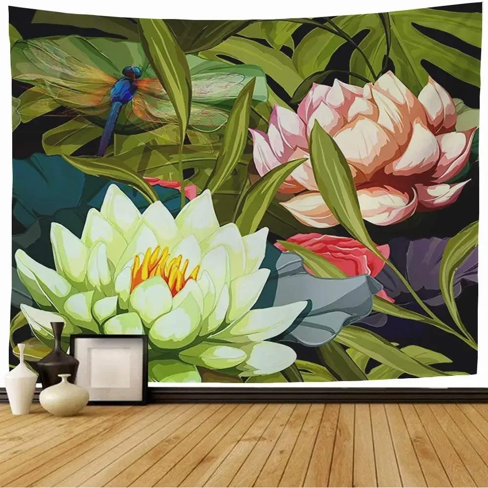 Watercolor Floral Lotus Tapestry Office Living Room Decoration Home Wall Tapestry