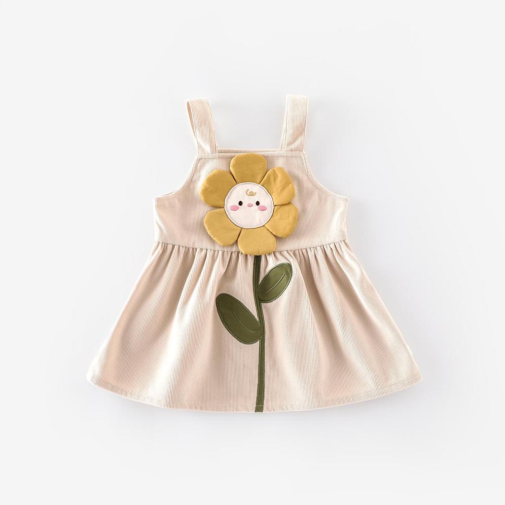 2025 Autumn Girls' Floral Embroidered Cartoon Suspender Dress - Korean Style