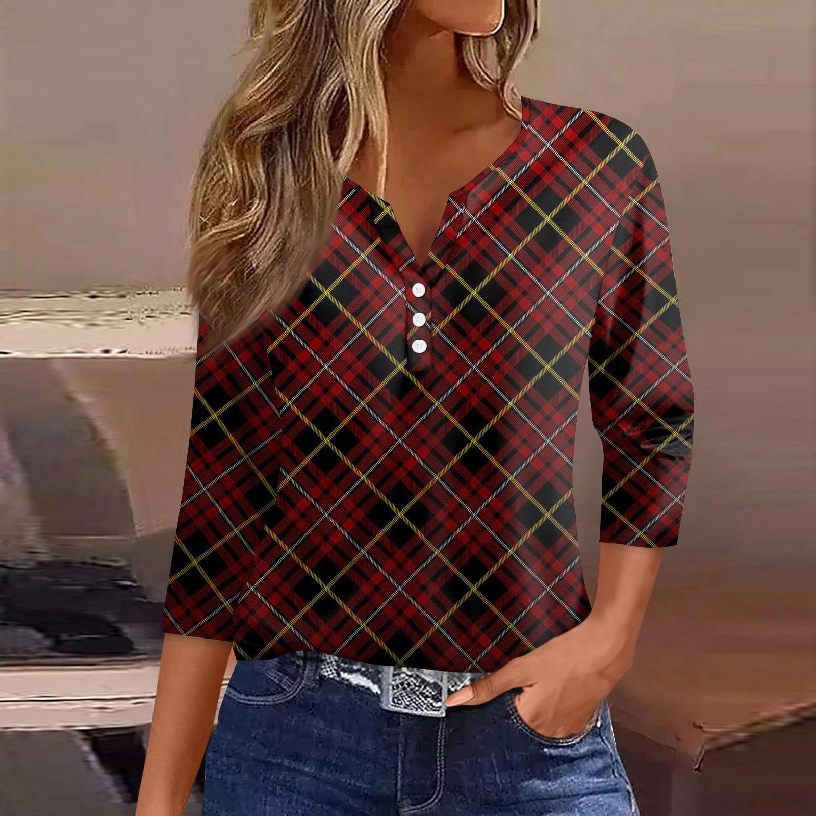 

Женская футболка, футболка, принт, пуговица, рукав 3/4, туника, повседневная, выходная мода, базовая, V-образный вырез, обычный топ XL винный