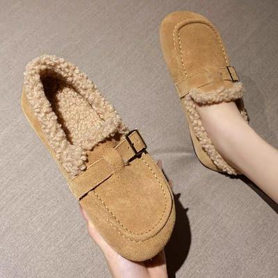 Fashion Loafers Fur Shoes Woman Flats Casual Female Sneakers Round Toe Slip-on Dress Moccasin Winter Slip On New Retro Leisure Lace-Up