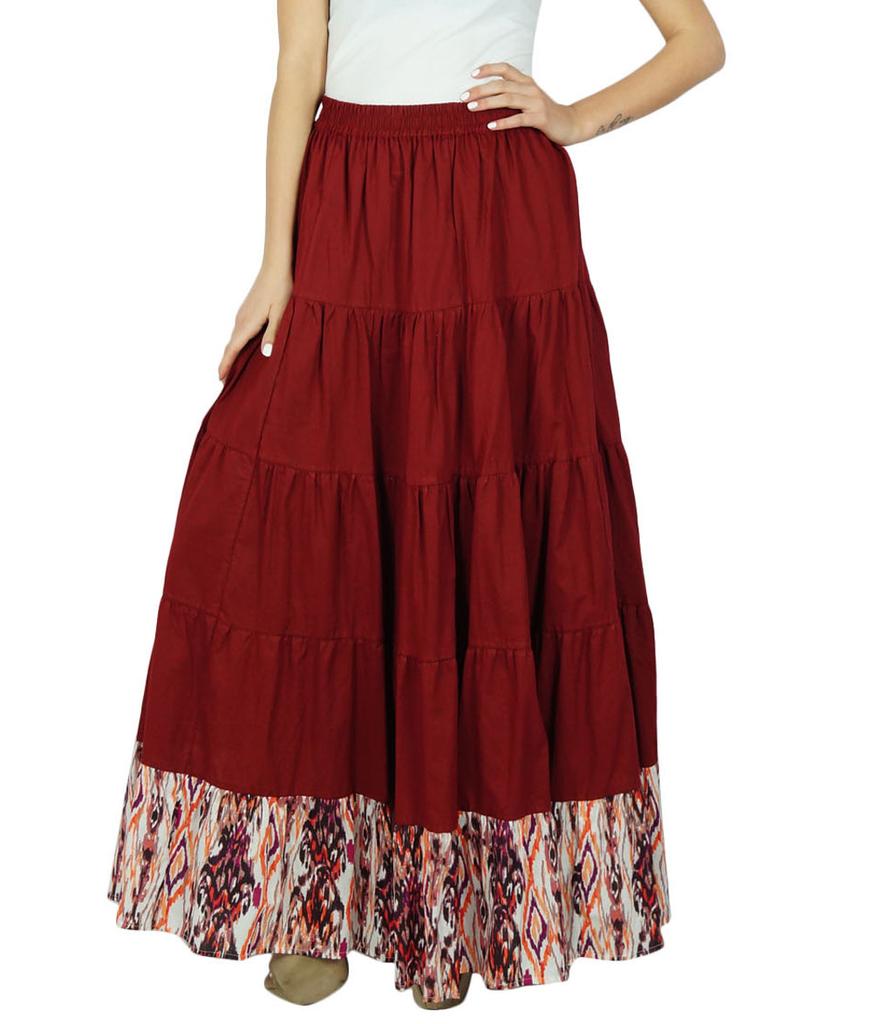 Bimba Długa rozkloszowana spódnica bawełniana damska w kolorze bordowym, długie spodnie z elastycznym pasem