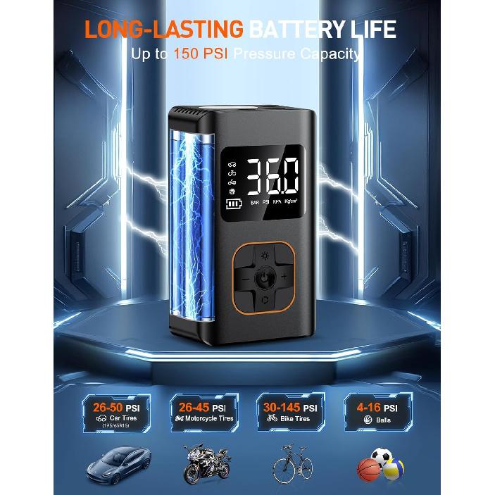 Tire Inflator Portable Air Compressor, 150PSI Air Pump for Car Tires with LED Light, Cordless Tire Pump with Digital Pressure Gauge, Tire Inflator