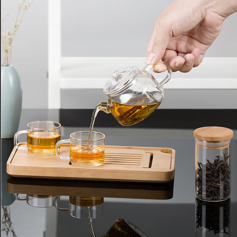 Портативный стеклянный дорожный чайный набор 1 Teapot, 3 Cups, Bamboo Tray, Tea Caddy
