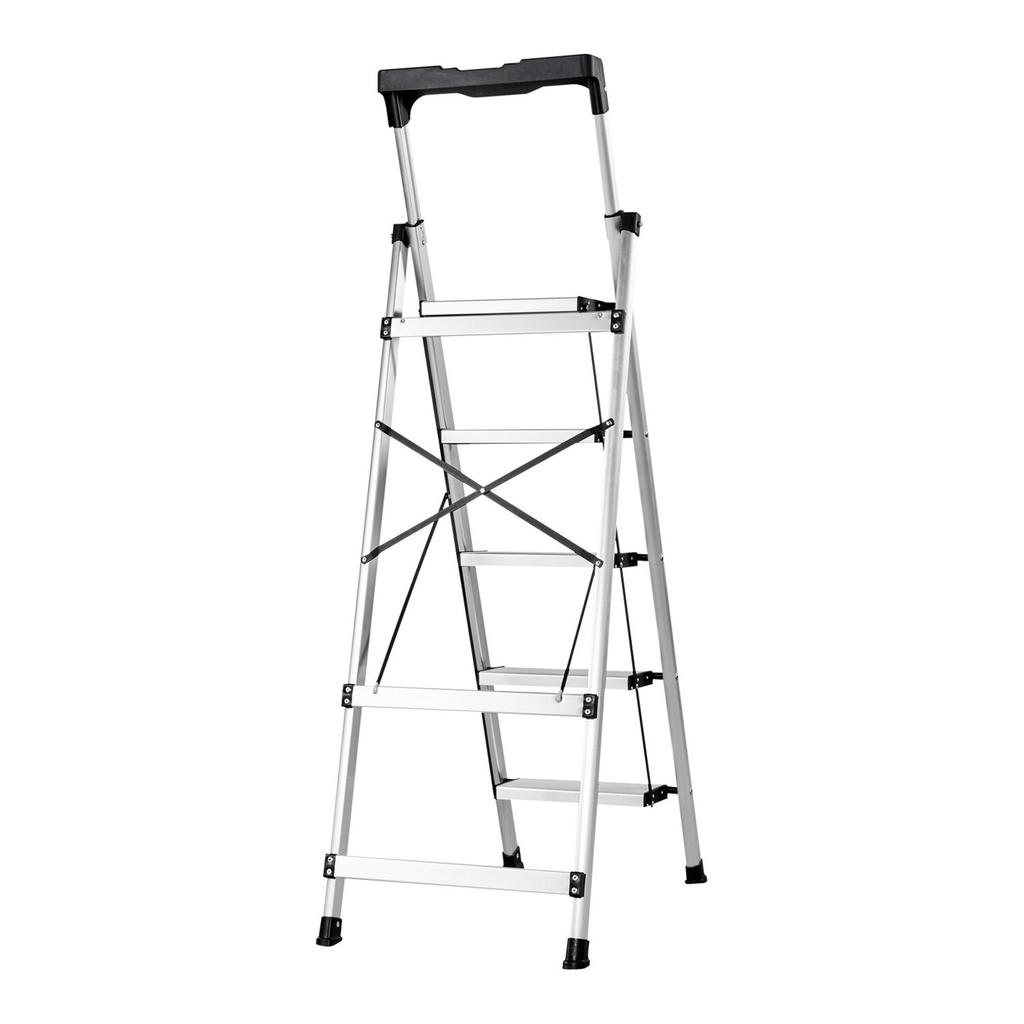 5 Step Ladder, Folding Step Stool with Wide Anti-Slip Pedal and Comfort Handgrip, 150 Kg Capacity Portable Aluminum Stepladder, Multi-Use for Kitchen,