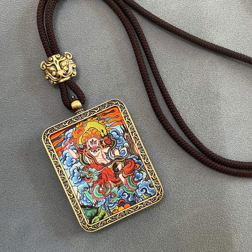Thangka Pendant Necklace - Yellow & Black Guardian Buddha Amulet