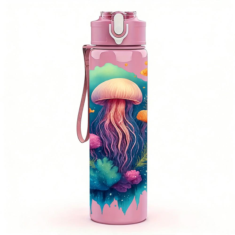 1PC Colorful Jellyfish Art 750ml Color Plastic Sports Water Bottle Leakproof Flip Straw Lid Suitable for Sports Office Home Use