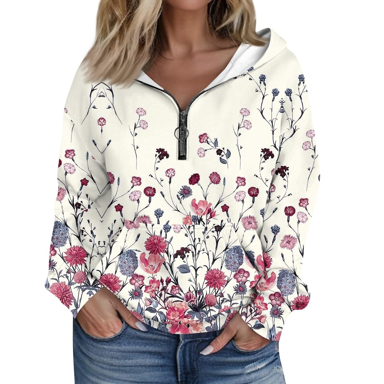 

Женская мода с длинным рукавом и принтом, свободная толстовка с капюшоном на молнии и карманами XL бежевый