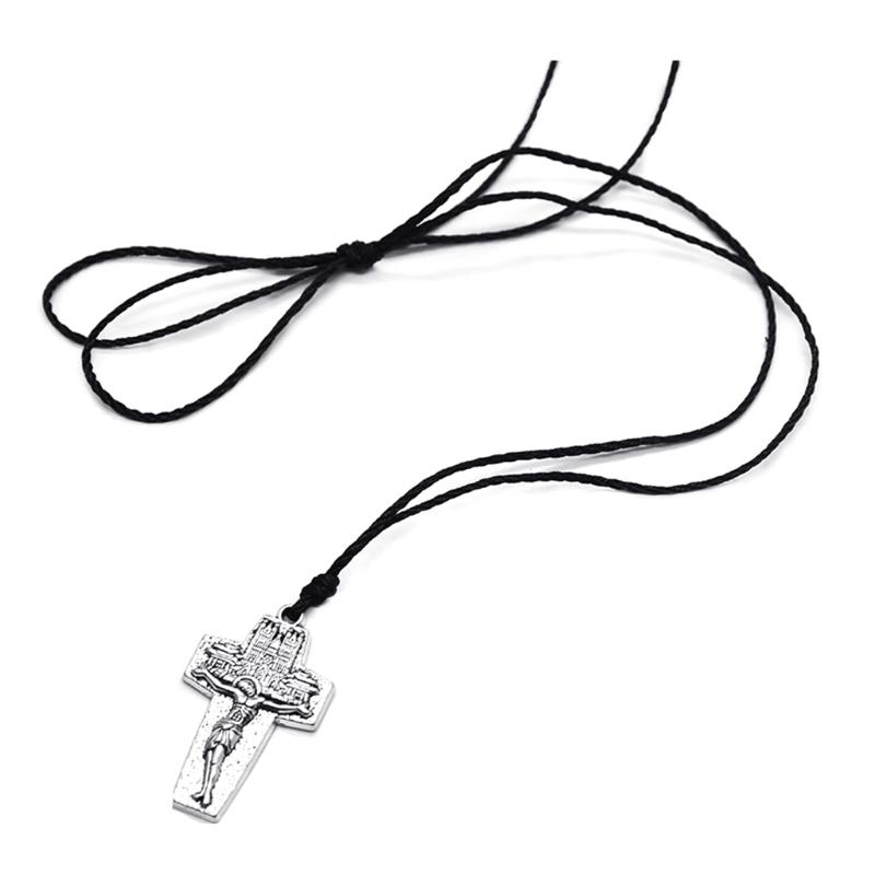 Retro Jesus Cross Necklace Wood Metal Pendant Orthodox Praying Chain Jewelry Catholic Religious Christian Crucifix Gift for Men
