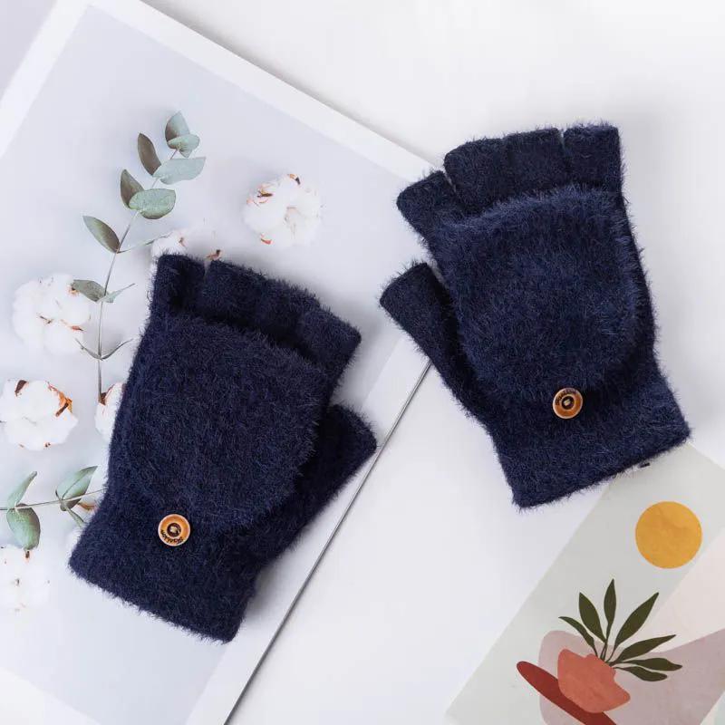 

WTEMPO 1 пара осенне-зимних новых мужских шерстяных перчаток без пальцев унисекс, простые уличные велосипедные теплые вязаные флип-перчатки 1 pair темно-синий