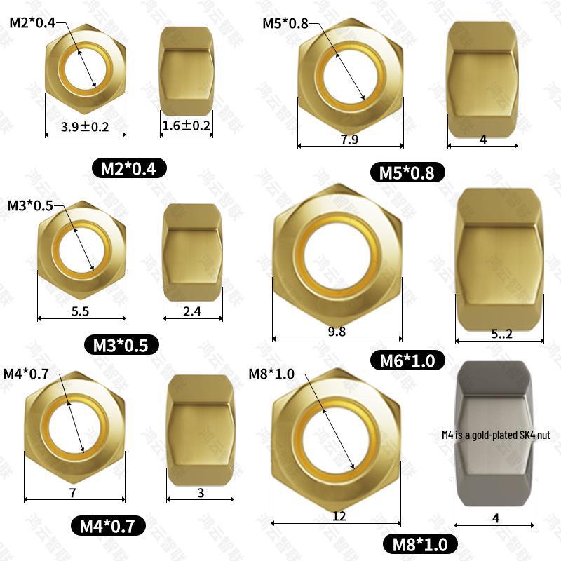 Gold-Plated Brass Hexagonal Nut - M2, M3, M4, M5, M8 Options Available