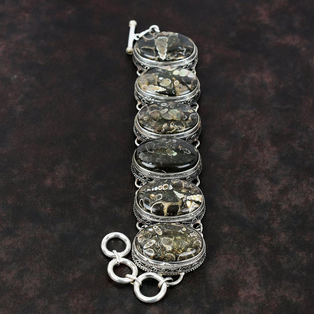 Turritella Agate Bracelet Vintage Bracelet 925 Sterling Silver Bracelet Handmade Gemstone Jewelry Adjustable Chain Bracelet Gift For Mother
