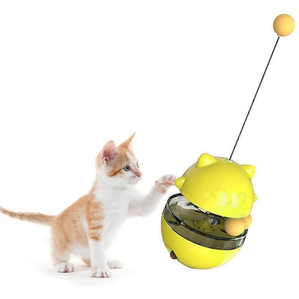 Cat Slow Treat Toy - Fun Tumbler Style Interactive Treat Toy with Two Rolling Balls and Removable Wand (Yellow)