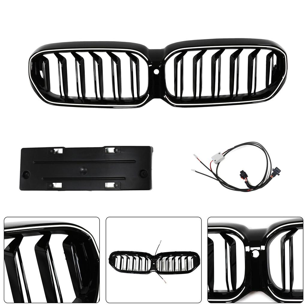 Double Slat Front Kidney Grille Compatible for BMW 5 Series G30 G38 2021-2024 W/ LED Light