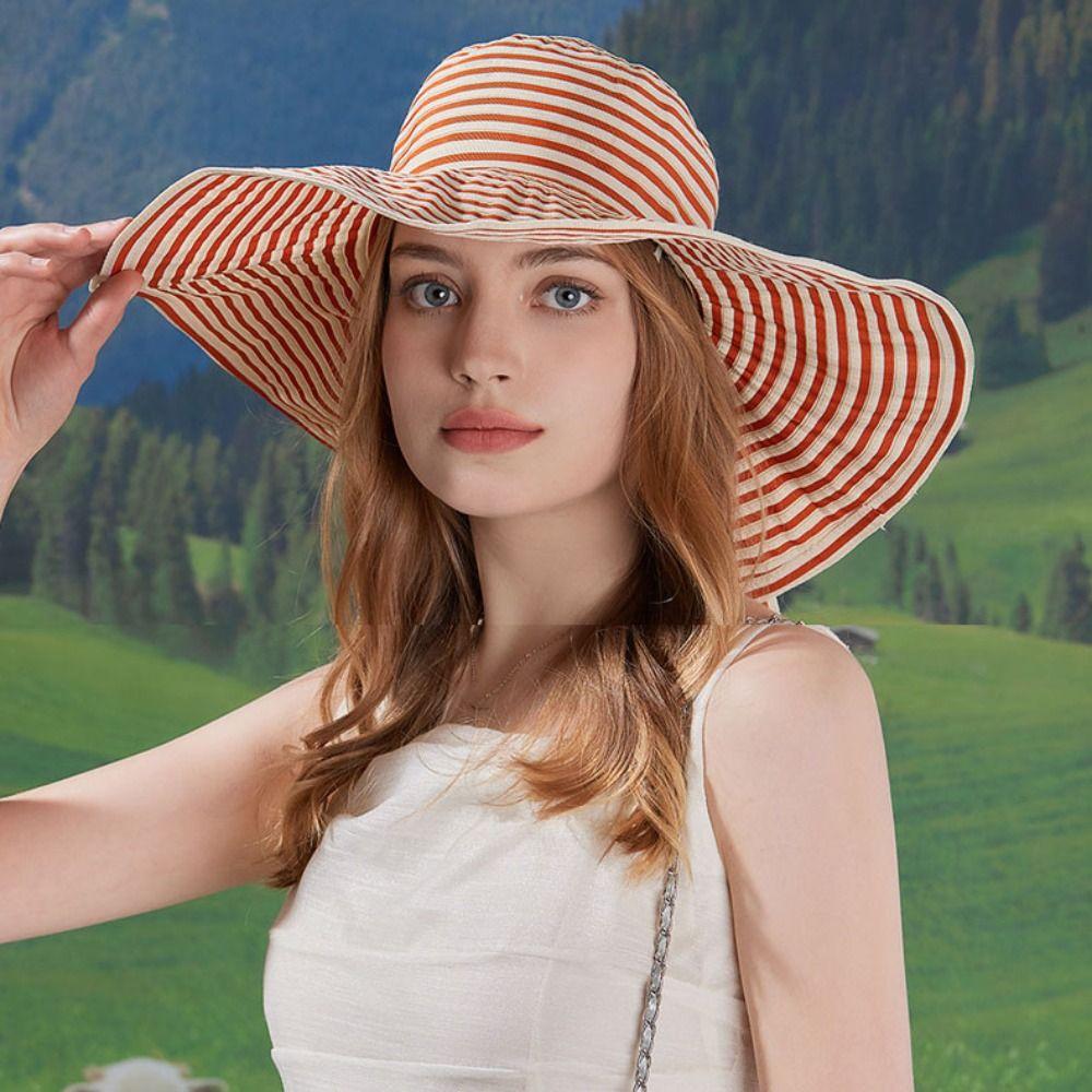 Bow Stripe Bucket Hat Wide Brim Sun Protection Cap Casual Fisherman Hat  Hiking