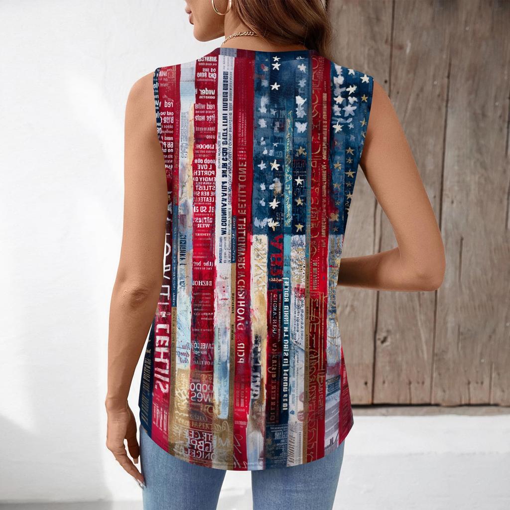 Women's Sleeveless V Neck Tank Top Loose Fit Pleated Star Print Independence Day Shirt Summer Casual Blouse