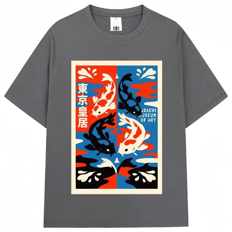 Japanese Style Koi Harajuku Illustration Pattern T Shirt Men Women Vintage Fashion T-shirts Oversized Cotton T-shirt Streetwear