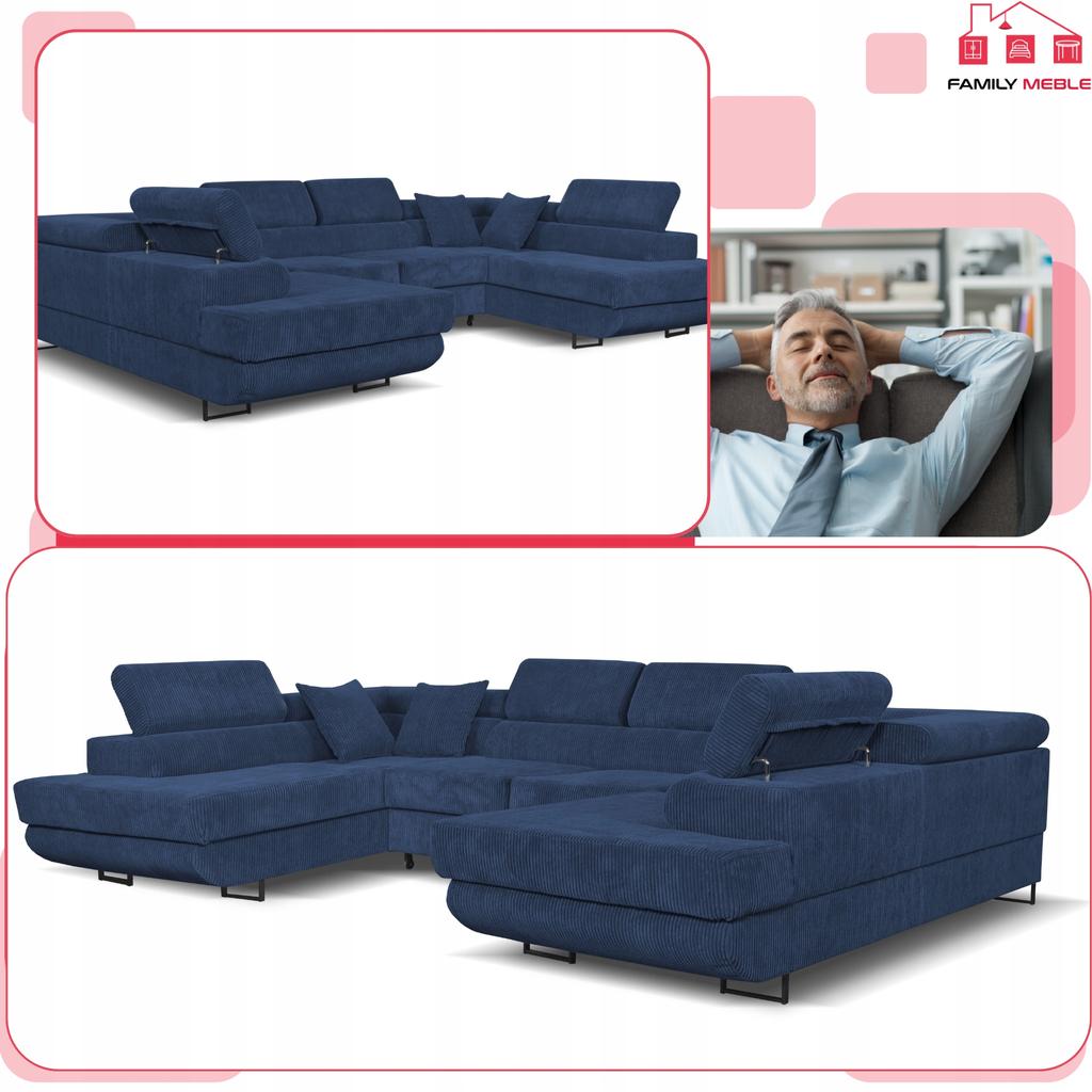 U-shaped Corner Sofa Bed, Extendable F. Savio Family Sleeping Furniture Navy Corduroy