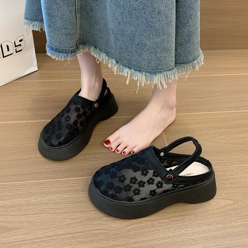 Height-increasing breathable mesh yarn two and a half slippers women's summer 2025 thick-soled small casual hollowed-out bag head sandals