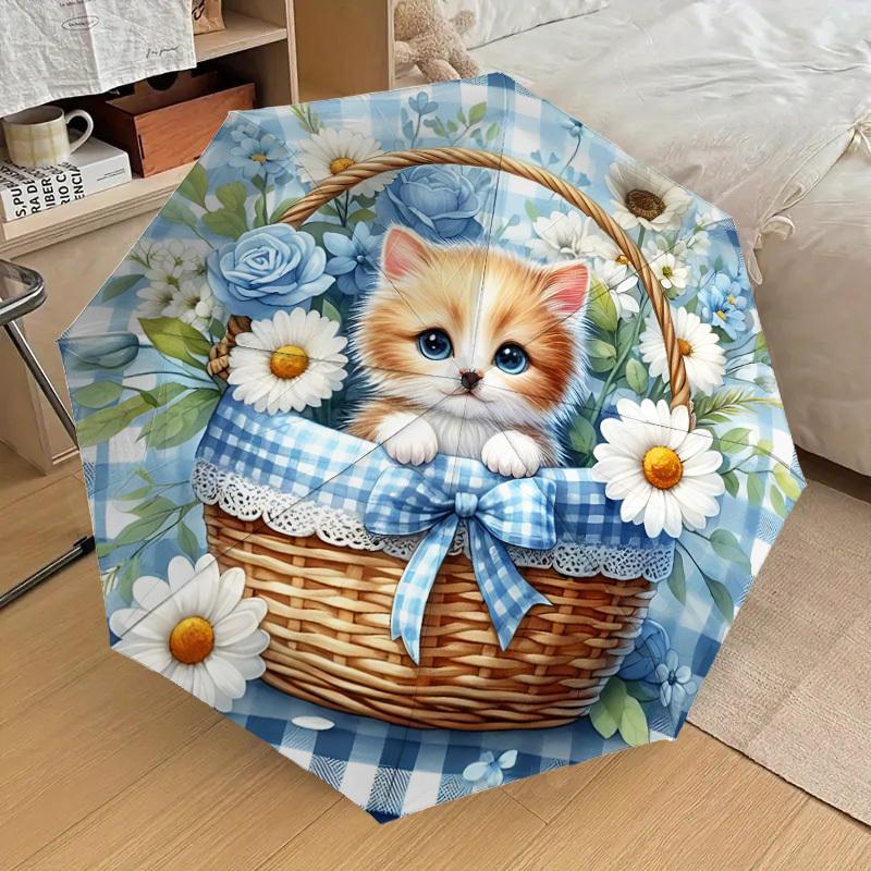 

1pc Kitten Basket Automatic Folding Umbrella, 8 Ribs Iron Frame, Suitable for Outdoor Travel and Daily Use yy251120256