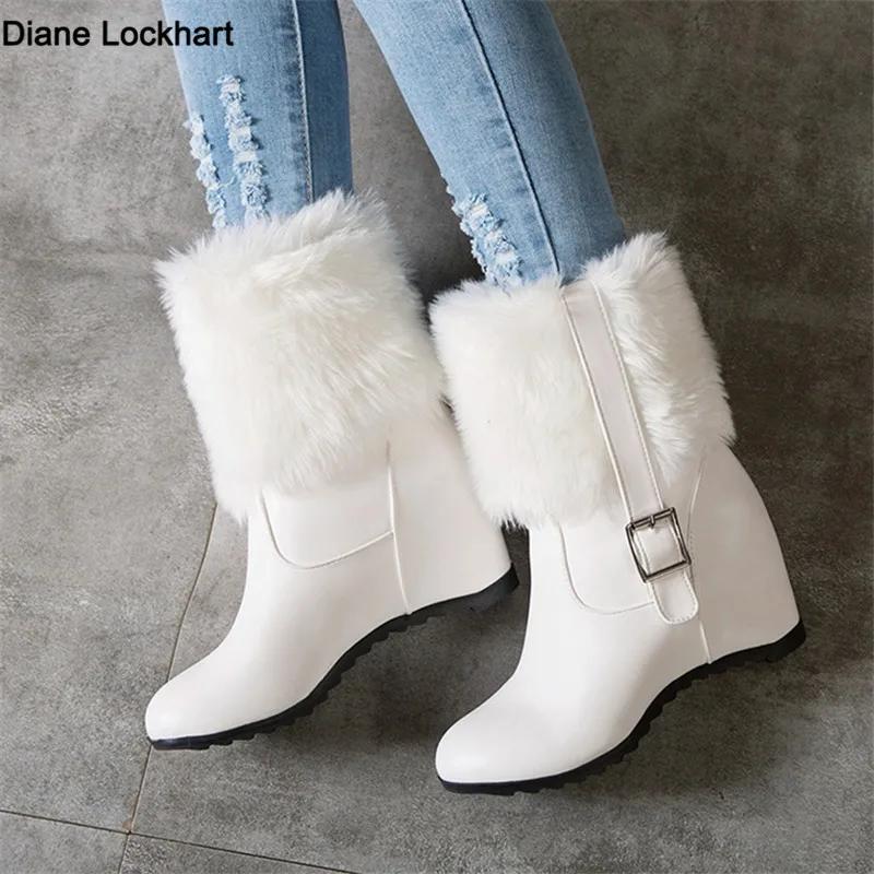 Ladies Height Increasing Fur Ankle Boots Daily Concise Boots Buckle Women High Heels Shoes Female Winter Botas Mujer White Black