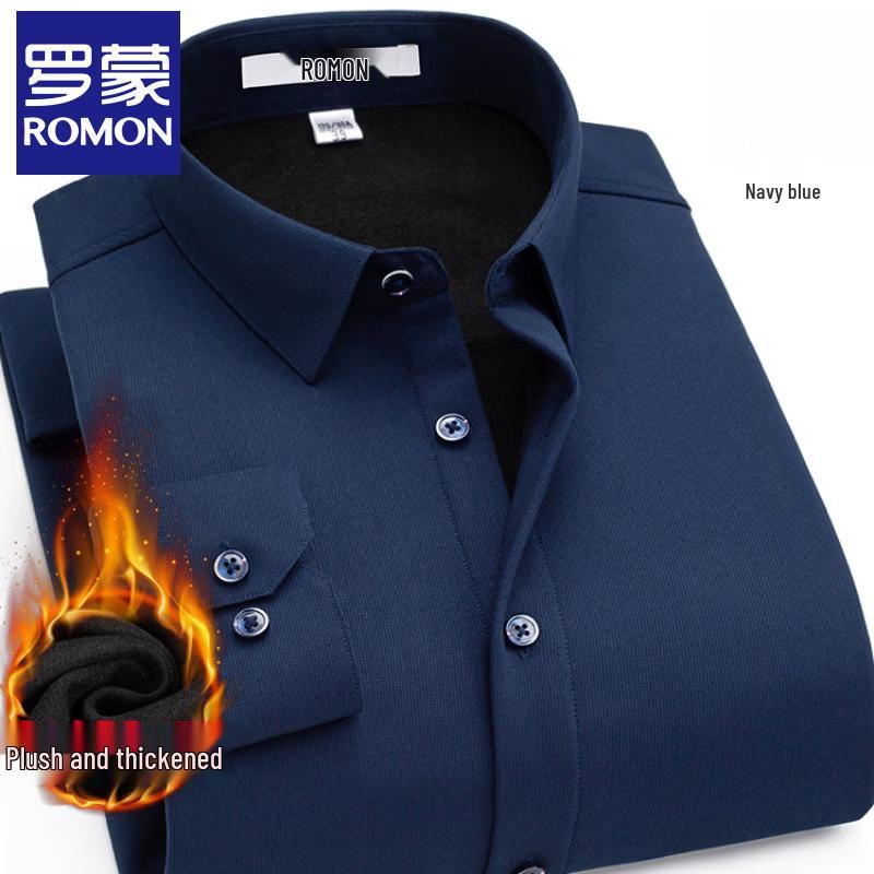 Luomeng Men's Fleece-Lined Wrinkle-Free Business Casual Long-Sleeve Shirt