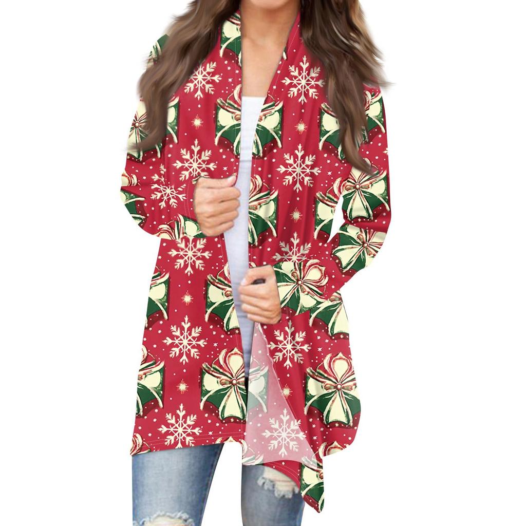 Damenmode Weihnachtsdruck Jacke Langarm Casual Cardigan Mantel