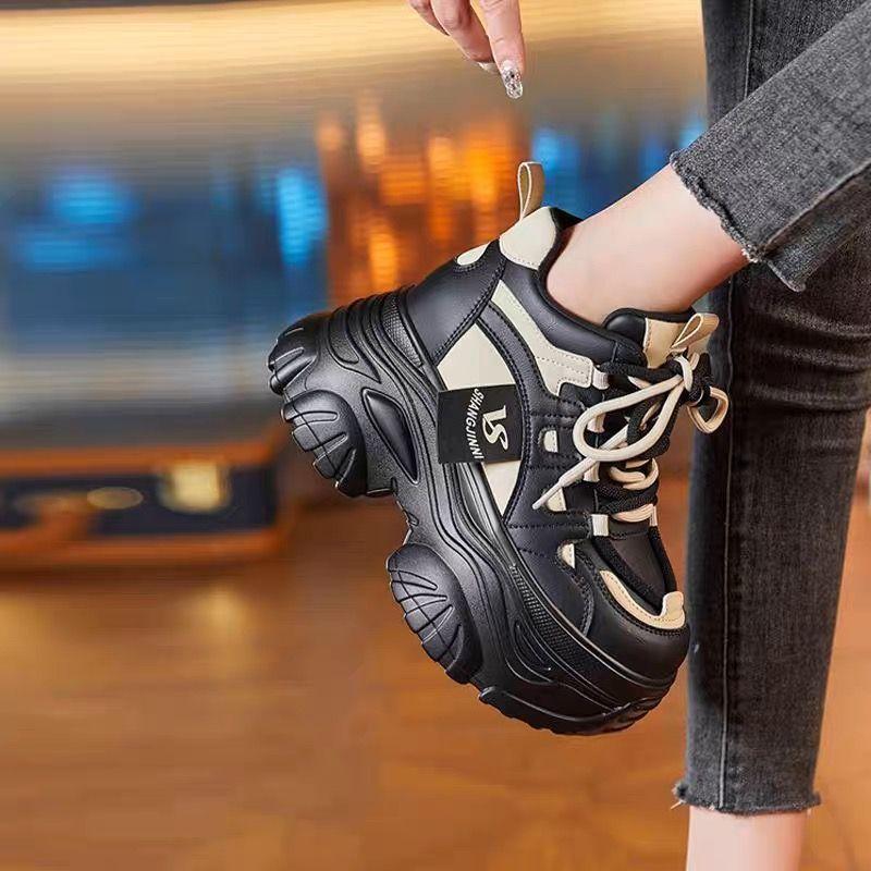 Inner Height-increasing Women's Shoes 2025 New Ins Popular Versatile Non-slip Thick-soled Small Inner Height-increasing 9cm Dad Shoes