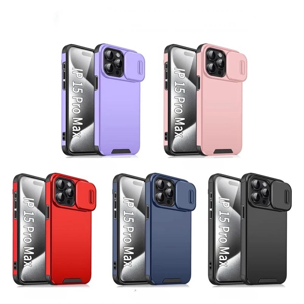 Coque de téléphone avec protection d'objectif photo coulissante pour 16 15 14 11 12 13 Pro Max Plus 16E 3Mini Couleur Unie Armure Housse antichoc