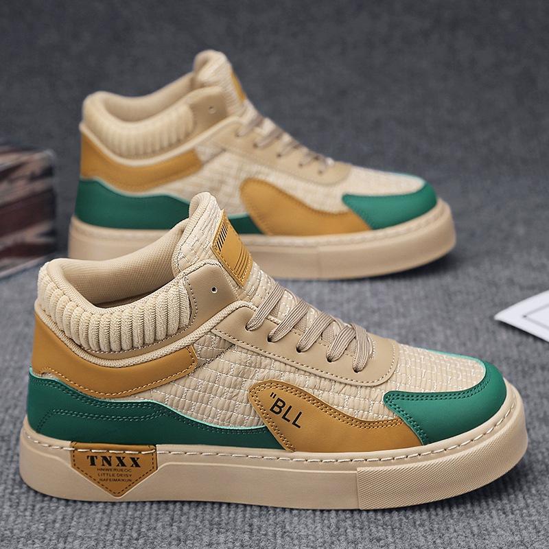 High-top board shoes men's autumn 2024 new casual flat men's shoes stitching versatile sports trendy shoes students and teenagers