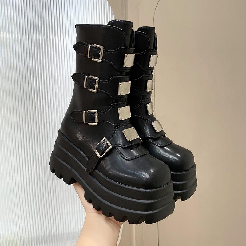 Fashion Women Punk Boots 8 CM Platform Outdoor Shoes Personalized Metal Design Chunky Boots Cool Nightclub Party Casual Zip Shoes 35-42