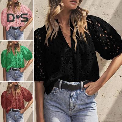 Kobiety w stylu Casual, letnia bluzka z dekoltem w kształcie litery V latarnia z krótkim rękawem pusty wzór kwiatowy bluzka jednokolorowe pulowerowe topy Streetwear