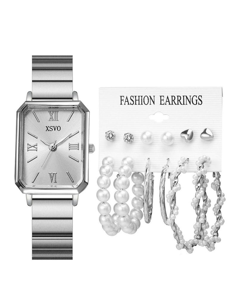 Arabic Mixed Index Bamboo Steel Ladies Quartz Watch & Earring Set (13pcs)