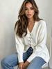 White V-Neck Button Cardigan - Women's Long Sleeve Knit Sweater, Loose Fit