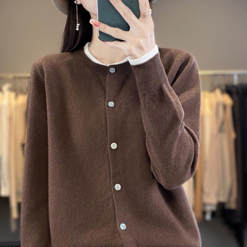 Women's Color Block Wool Cardigan - Round Neck, Loose Fit, Fake Two-Piece Knit Sweater for Spring & Autumn 2024