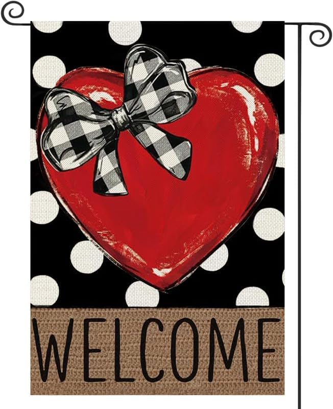 H Yaou Valentines Day Garden Ag 12x18 Double Sided Polka Dot Love Heart Bowknot Small Burlap Welcome Yard Ags for Farmho EEL