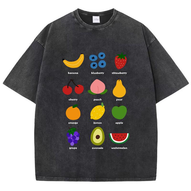 Fruits Lemon Cherry Prints Washed T Shirts Women Cotto