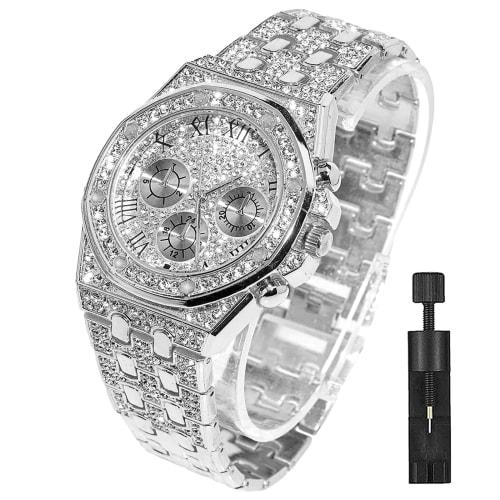Apzzic Diamond Iced Out Watch, CZ Gold Plated, 40mm Wide, Roman Numeral Dial, Quartz Wristband, Men's/Women's, Silver, Fashionable.