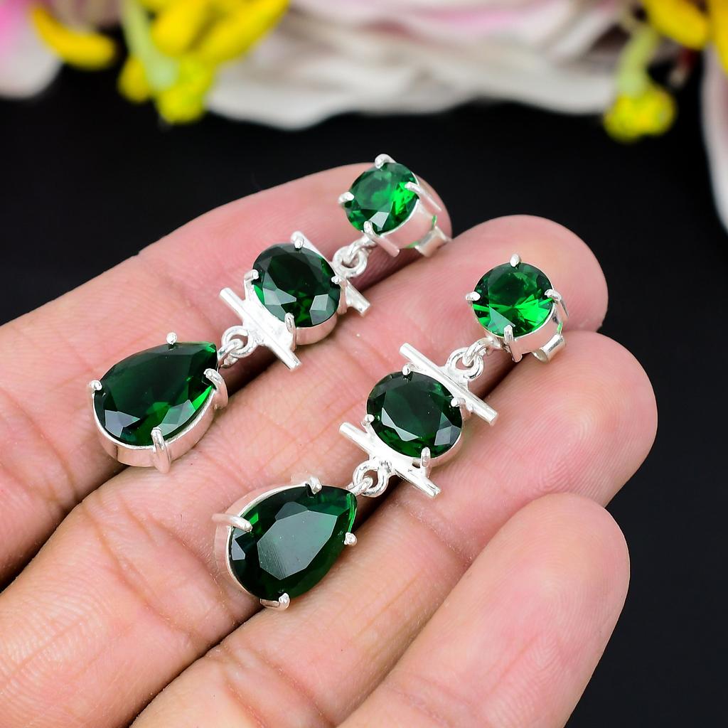 Chrome Diopside Gemstone Handmade 925 Sterling Silver Jewelry Earring 1.77" KG-292