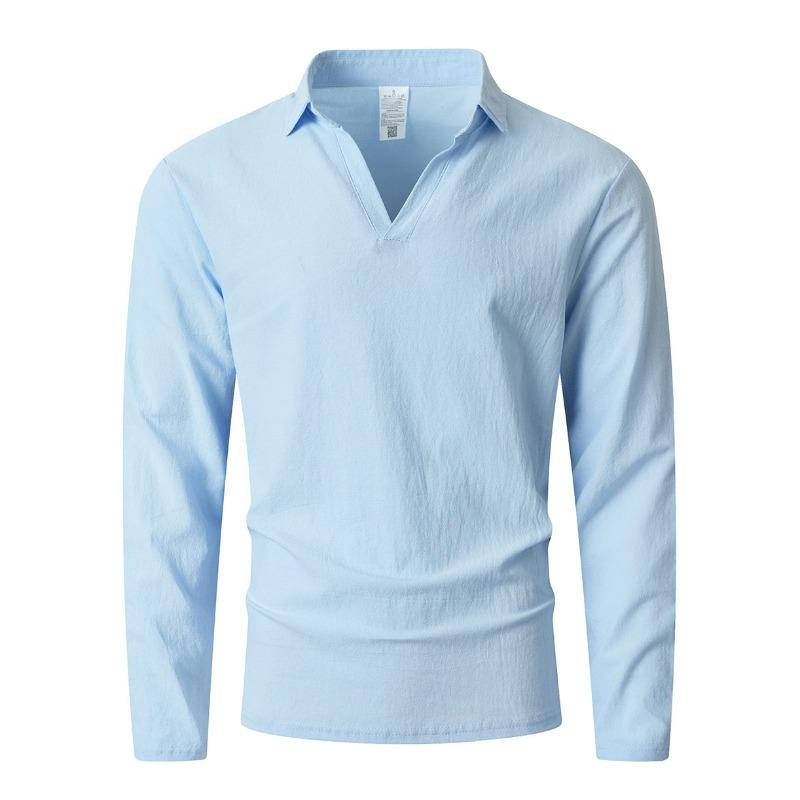 Men's Long Sleeve Linen Blend T-Shirt, Loose Fit Collared Pullover, Breathable Moisture Wicking Casual Spring Fall Top