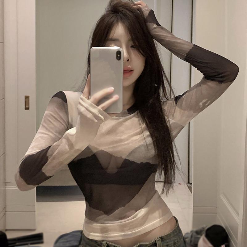 Damska koszulka z filtrem przeciwsłonecznym Top z nadrukiem tie-dye Gaza Przezroczysta Okrągły Dekolt Długie Rękawy