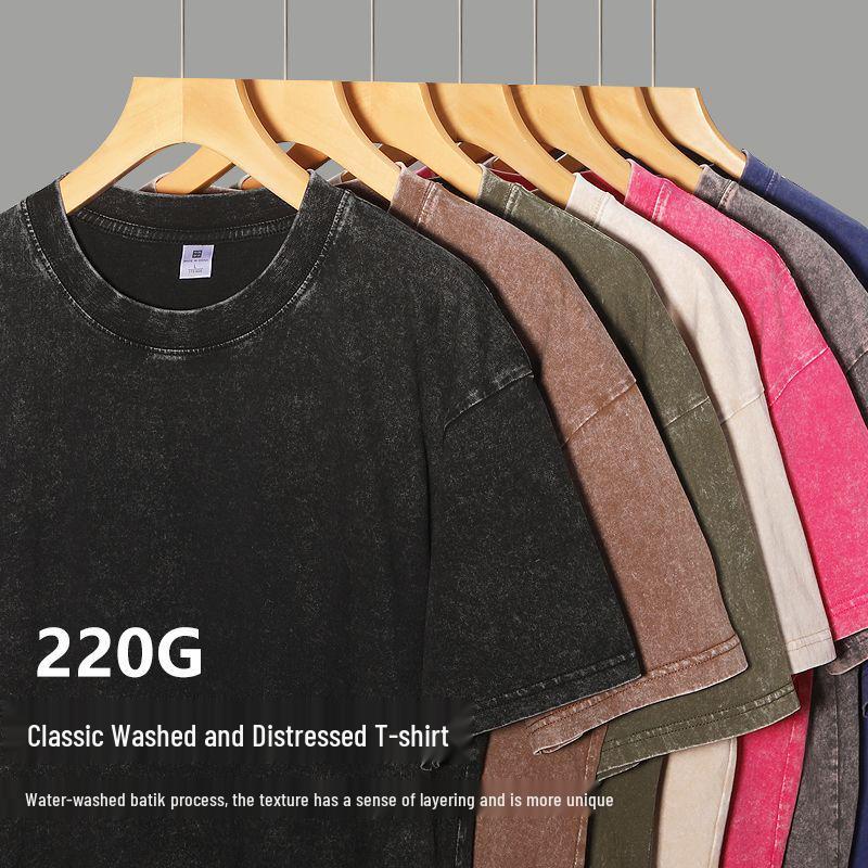 

European & American Vintage Washed Distressed Heavyweight Cotton T-Shirt, Loose Fit, Drop Shoulder, Basic Style, Short Sleeve XXL королівський синій колір