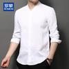 ROMON Men's Chinese Style 100% Linen Long Sleeve Stand Collar Shirt