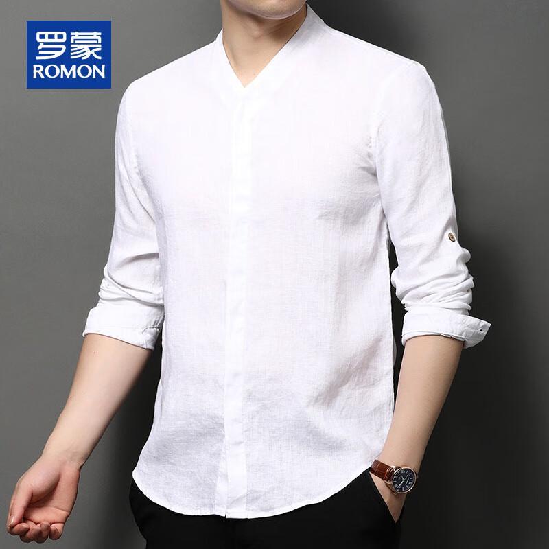 ROMON Men's Chinese Style 100% Linen Long Sleeve Stand Collar Shirt