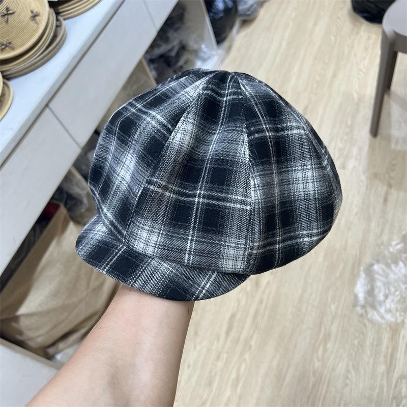 

Клетчатый берет женский весна и осень новый ретро универсальная шляпа художника большой обхват головы восьмиугольная шляпа-тыква M（56-58cm）