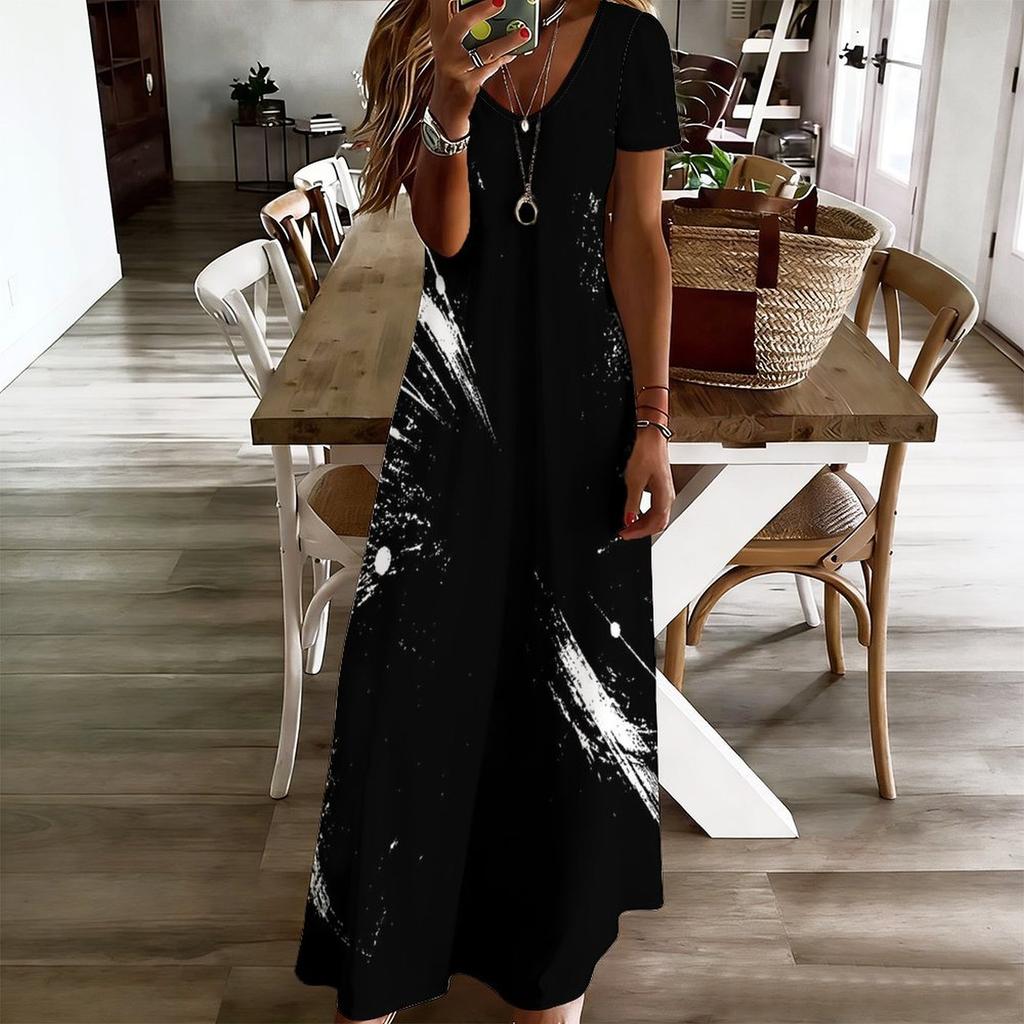 Women Plus Size V Neck Short Sleeve Black Printed Straight Maxi Dress