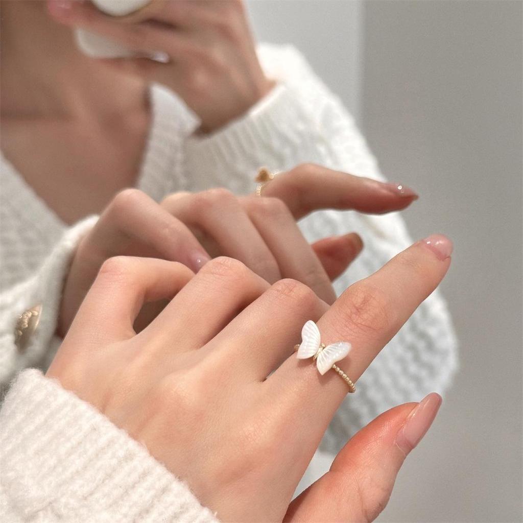 Emaille Tropfglasur Schmetterling & Perlmutt Silberring - Eleganter, Nicht-Verblassender Damenschmuck