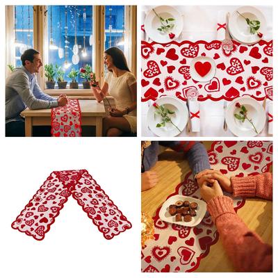1pc Valentines Day Decor Home Romantic Decorations Heart Shaped Table Runner Red Lace Table Runner Wedding Party Supplies